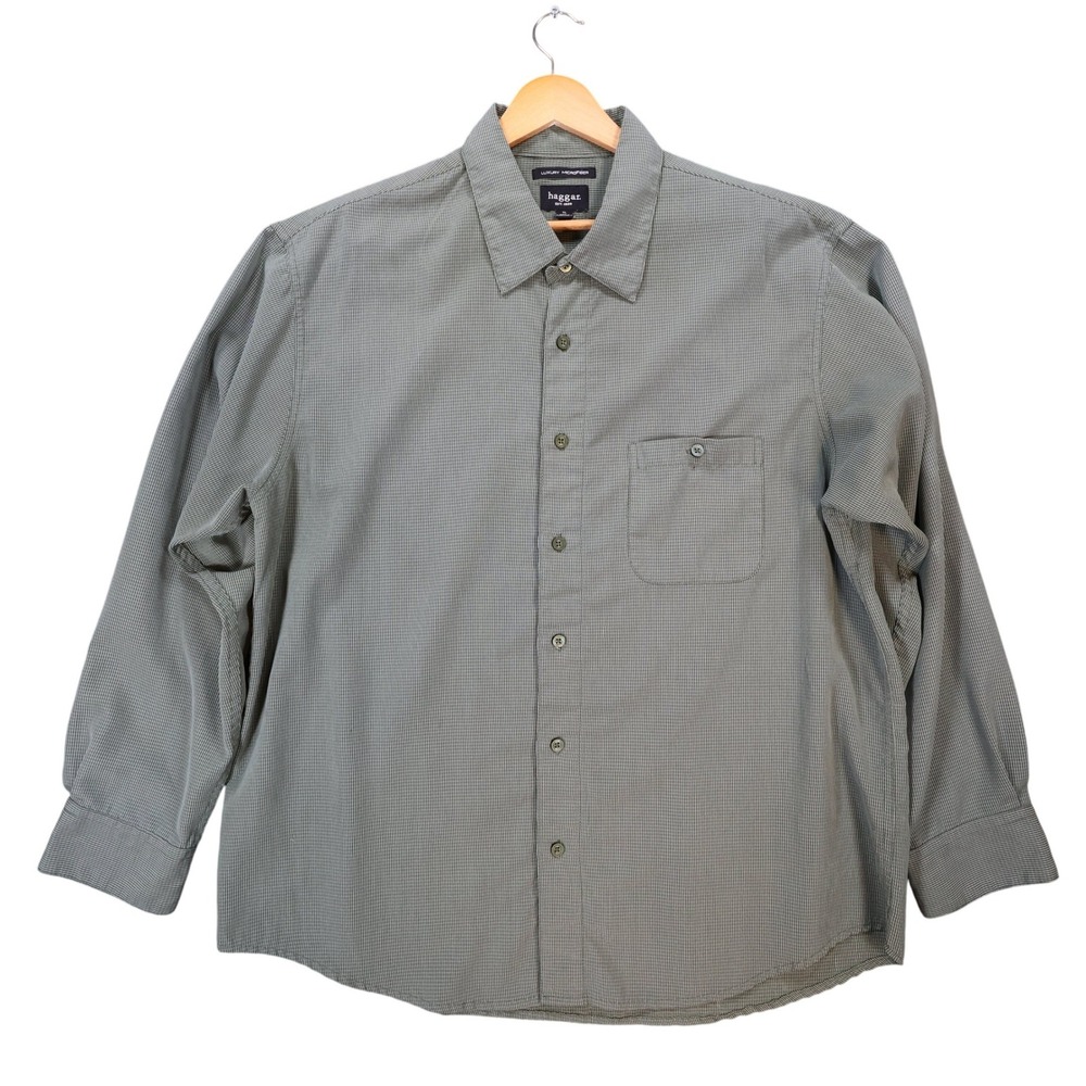 Haggar Button Up Shirt Mens L Green Excellent Micro Check Long Sleeve 1689